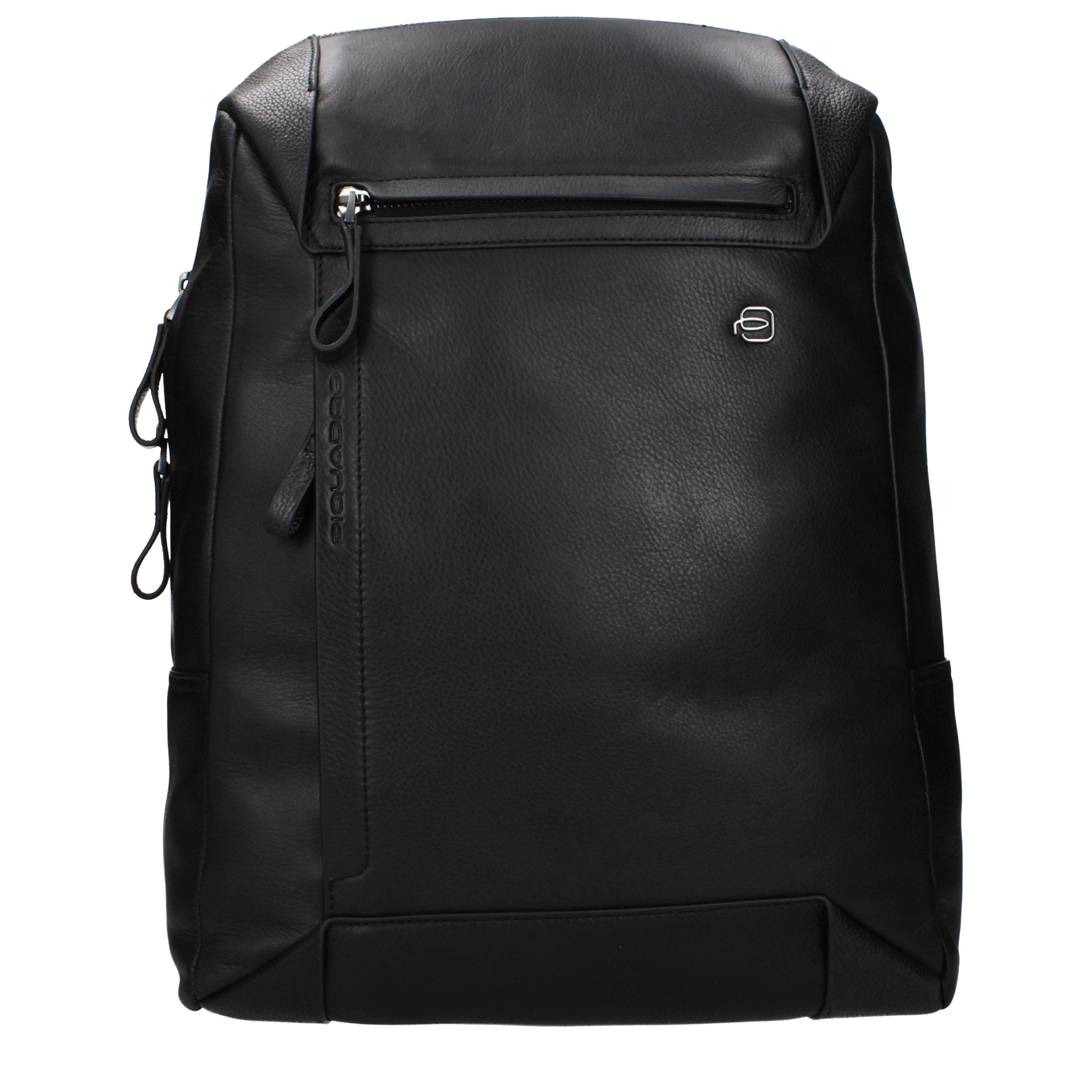 Piquadro Sac à dos cuir noir, logo frontal, compartiment PC/iPad