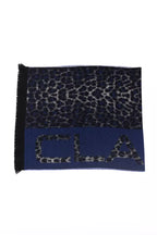 Écharpe Cavalli Class bleue pour homme avec motif animalier et logo, laine premium, franges noires.