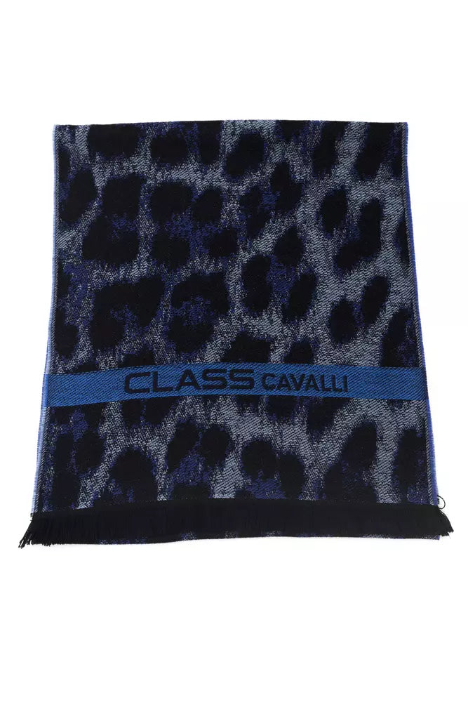 Écharpe Cavalli Class pour homme en laine bleue, motif animalier et logo sur bande.
