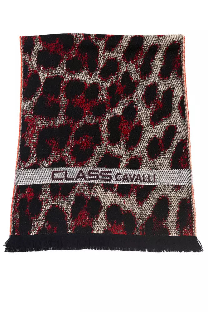 Écharpe Cavalli Class pour homme Bourgogne, imprimé animalier, bande CLASS CAVALLI et franges noires.