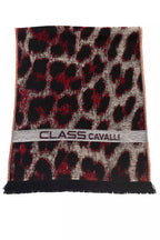 Écharpe Cavalli Class pour homme Bourgogne, imprimé animalier, bande CLASS CAVALLI et franges noires.