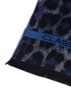 Écharpe Cavalli Class pour homme, laine bleu nuit à motif animalier avec bande logo et franges.