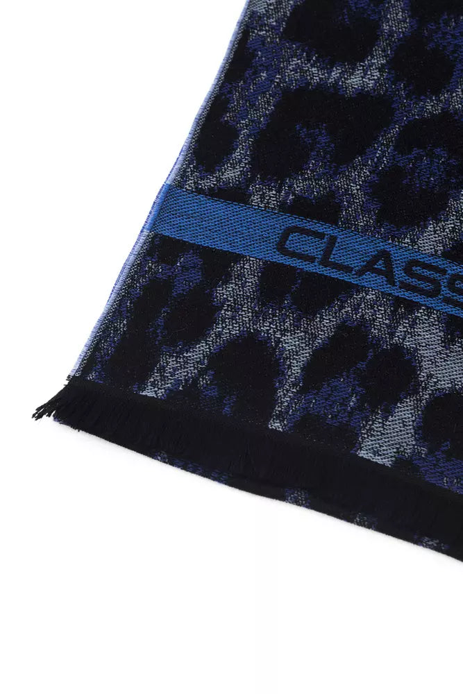 Écharpe Cavalli Class pour homme, laine bleu nuit à motif animalier avec bande logo et franges.