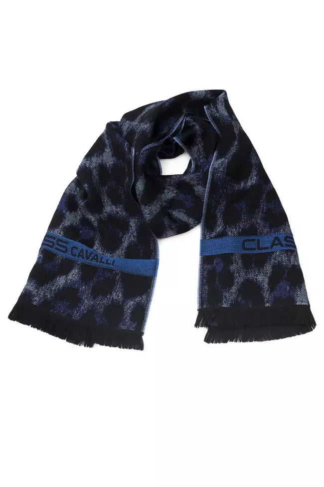 Écharpe Cavalli Class pour homme en laine bleue, motif animalier et logo, CA-22209, bords frangés Hover Image