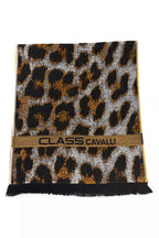 Écharpe homme Cavalli Class en laine marron à motif animalier CA-22211, bande logo CLASS CAVALLI et franges noires.