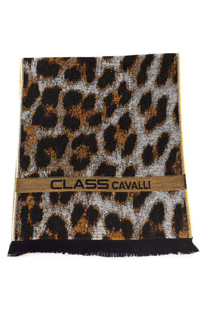 Écharpe homme Cavalli Class en laine marron à motif animalier CA-22211, bande logo CLASS CAVALLI et franges noires.