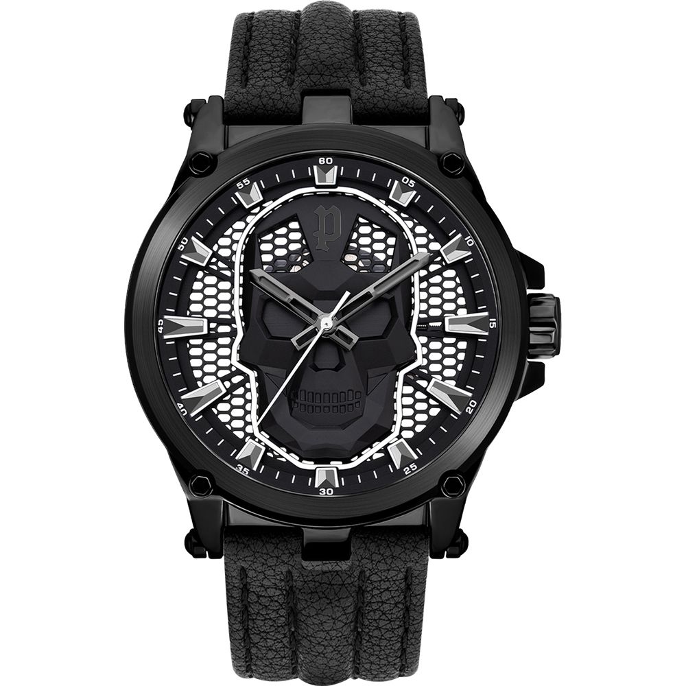 Montre Police noire cuir avec crâne sur cadran, quartz, boîtier acier inox noir, verre minéral, 47 mm, 5 ATM