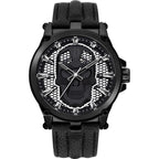 Montre Police noire cuir avec crâne sur cadran, quartz, boîtier acier inox noir, verre minéral, 47 mm, 5 ATM