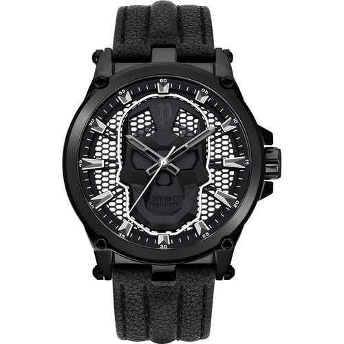 Montre Police noire cuir avec crâne sur cadran, quartz, boîtier acier inox noir, verre minéral, 47 mm, 5 ATM