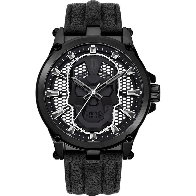 Montre Police noire cuir avec crâne sur cadran, quartz, boîtier acier inox noir, verre minéral, 47 mm, 5 ATM Hover Image