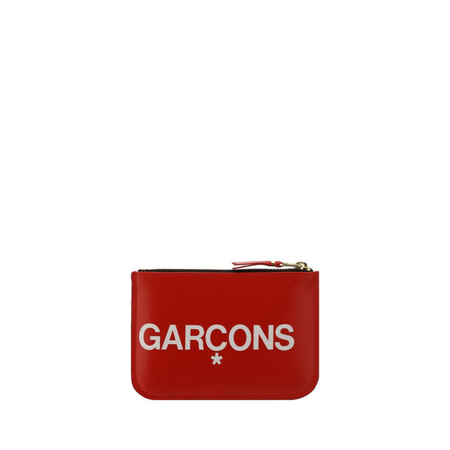 Geldbörse von Comme des Garçons aus rotem Kalbsleder, mit Bos Taurus-Reißverschlusslogo auf der Vorderseite und gravierter Goldrückseite - Comme Des Garçons | Hollys Men