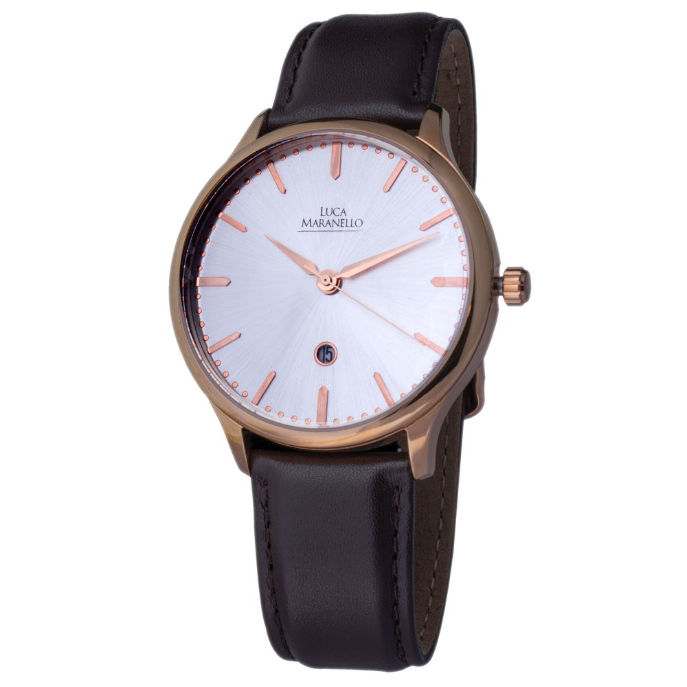 Montre Luca Maranello cuir brun, boîtier acier rosé 44 mm, cadran argenté; verre minéral quartz analogique boucle 5ATM