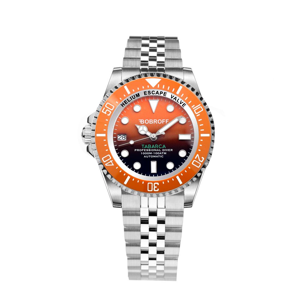 Bobroff montre habillée en acier inoxydable argenté mouvement automatique cadran orange, verre saphir, étanche 100ATM