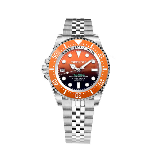 Bobroff montre habillée en acier inoxydable argenté mouvement automatique cadran orange, verre saphir, étanche 100ATM
