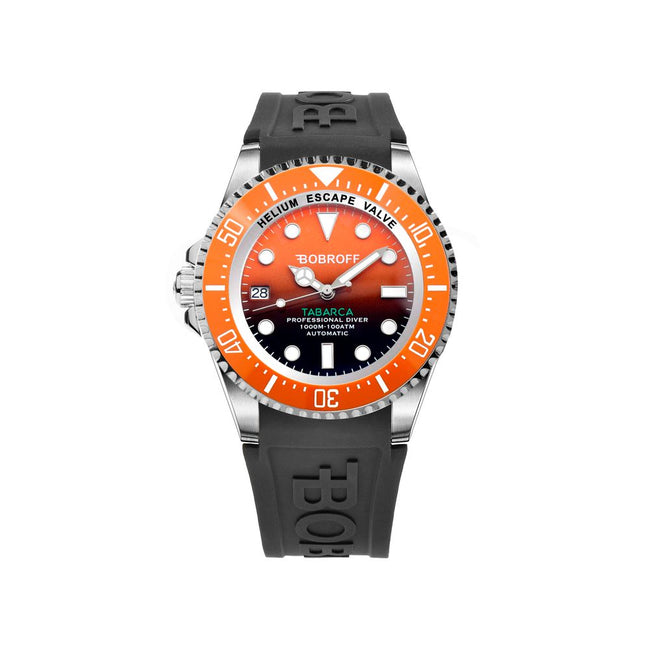 Bobroff Montre Sport Automatique Caoutchouc Noir 42mm Cadran Orange Verre, Lunette Orange, Boîtier Acier Inoxydable - Apparel & Accessories > Jewelry > Watches from Bobroff Hover Image