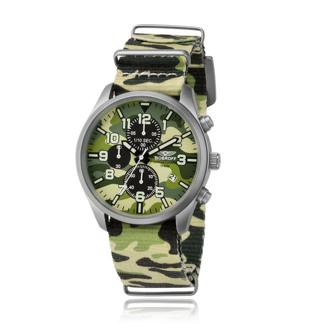 Bobroff Montre Sport Nylon Armée Quartz 42 Mm Camouflage Graphite Acier Boucle Étanche 10 ATM - Apparel & Accessories > Jewelry > Watches from Bobroff Hover Image