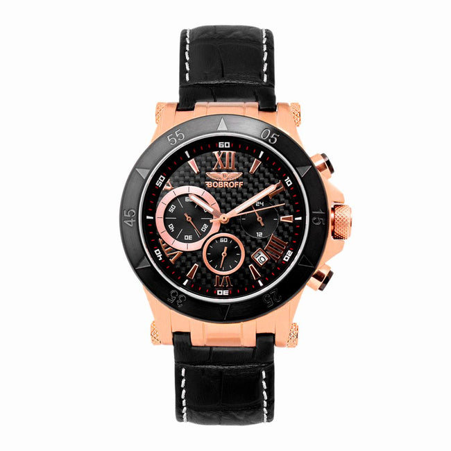 Bobroff Montre Homme Quartz Cuir Noir 44mm Verre Saphir Cadran Noir avec motif carbone Hover Image