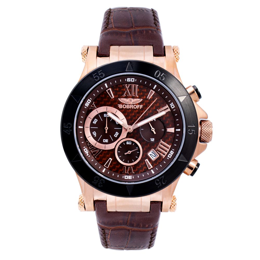 Bobroff Montre Habillée Quartz Analogique Bracelet Cuir Marron 44mm Verre Saphir Cadran Marron Étanche 10 ATM - Apparel & Accessories > Jewelry > Watches from Bobroff