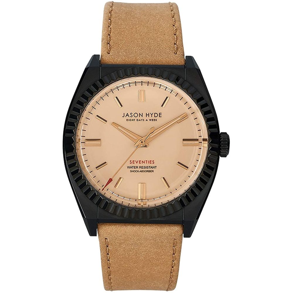 Montre habillée Jason Hyde quartz analogique 40mm, boîtier noir et bracelet beige en cuir.