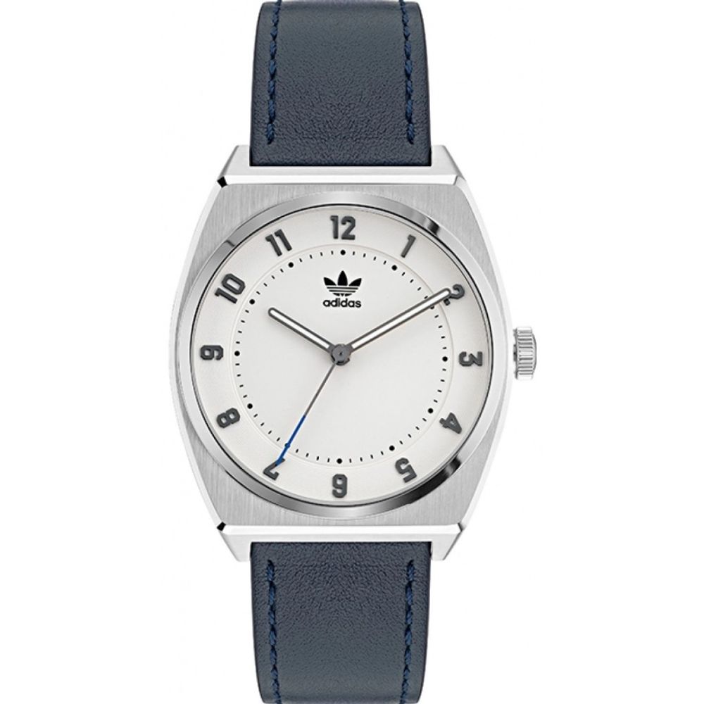 Adidas Montre Homme Code Two Quartz Bracelet Cuir Bleu 37 Mm Boîtier Acier Gris Dial Blanc Minéral Étanche 5ATM - Apparel & Accessories > Jewelry > Watches from Adidas