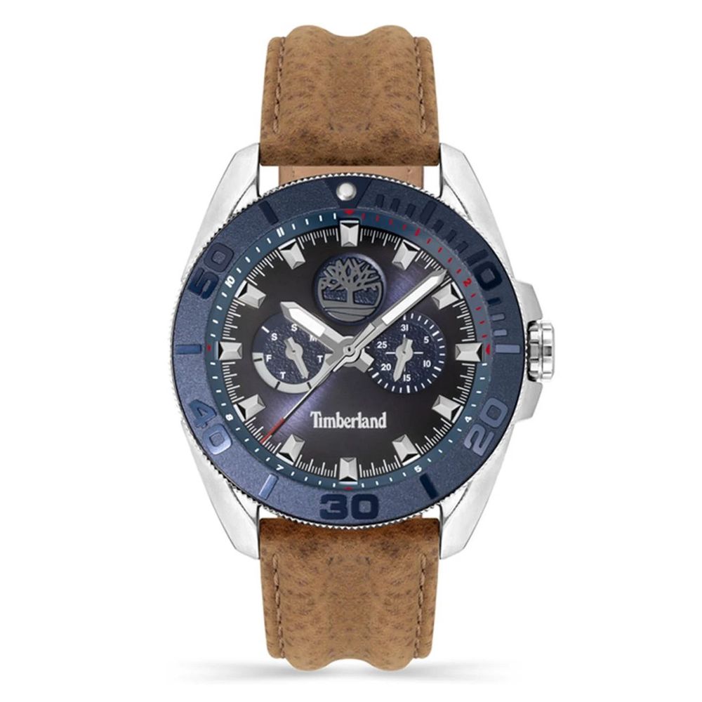 Timberland Montre Quartz Analogique Gris Acier Inoxydable Cuir Marron Cadran Bleu 45mm Étanche 5ATM Multi Date - Apparel & Accessories > Jewelry > Watches from Timberland