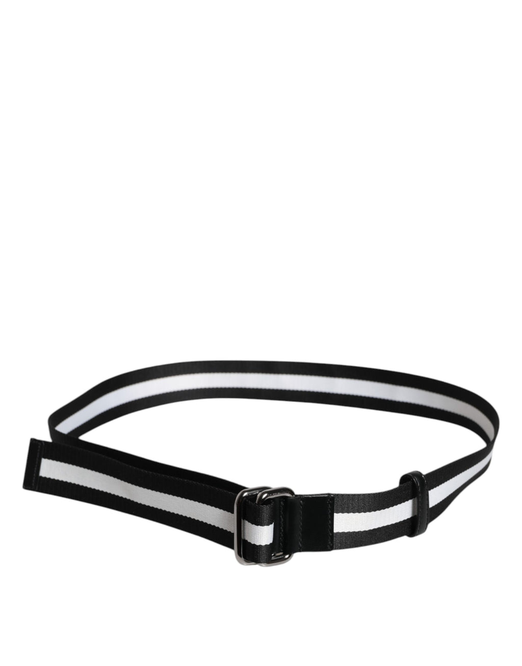 Ceinture tissée noir et blanc pour homme, boucle métallique argentée, largeur 3,5 cm.