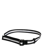Ceinture tissée noir et blanc pour homme, boucle métallique argentée, largeur 3,5 cm.