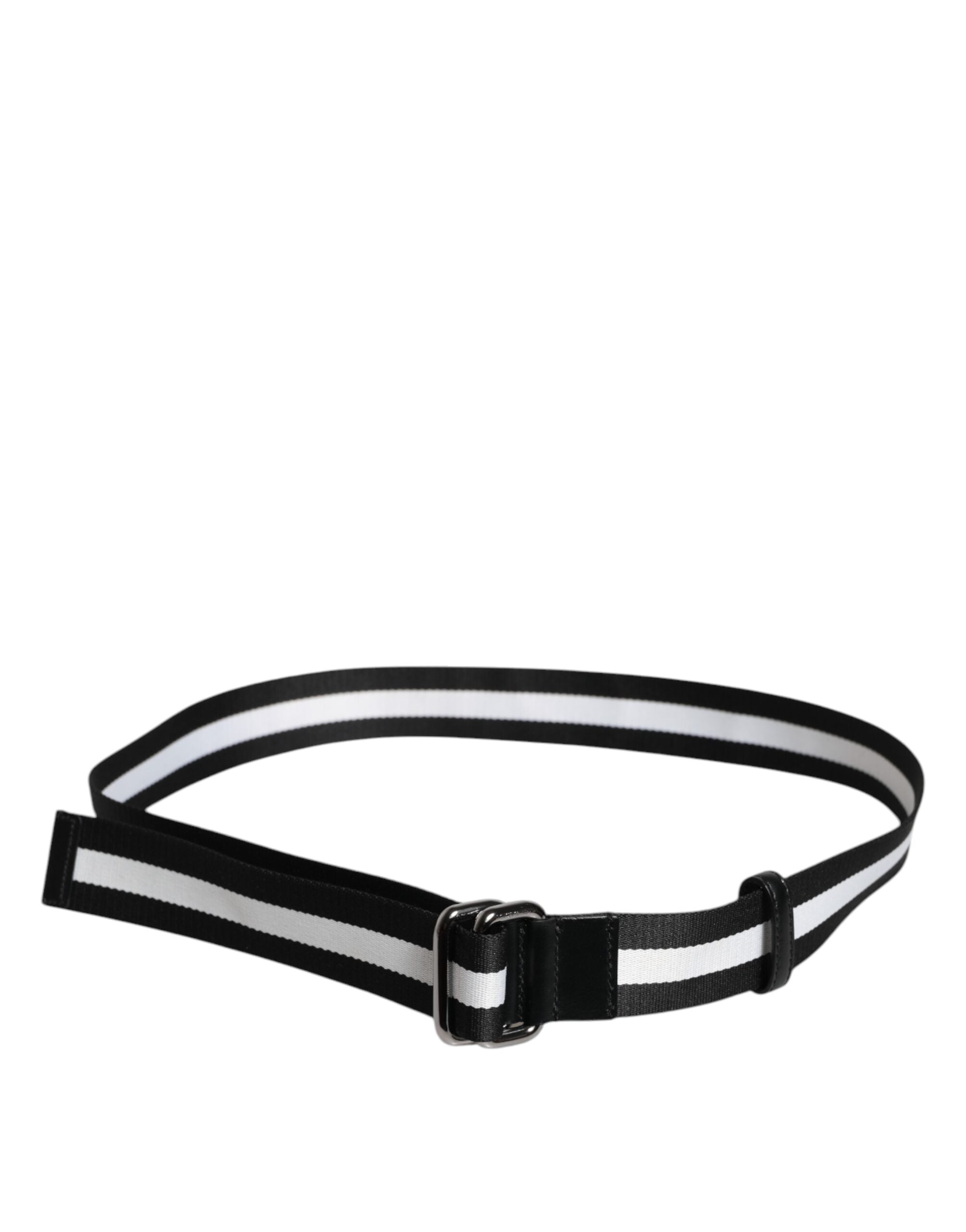 Ceinture tissée noir et blanc pour homme, boucle métallique argentée, largeur 3,5 cm.