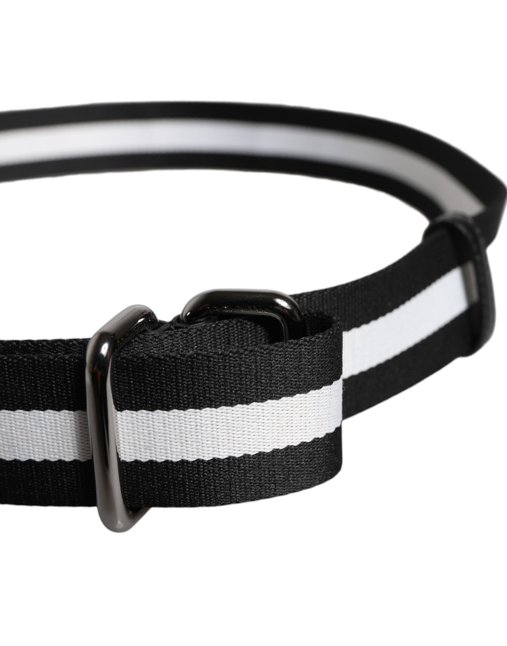Ceinture nylon Dolce & Gabbana noire et blanche à rayures, boucle métallique sombre.