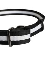 Ceinture nylon Dolce & Gabbana noire et blanche à rayures, boucle métallique sombre.
