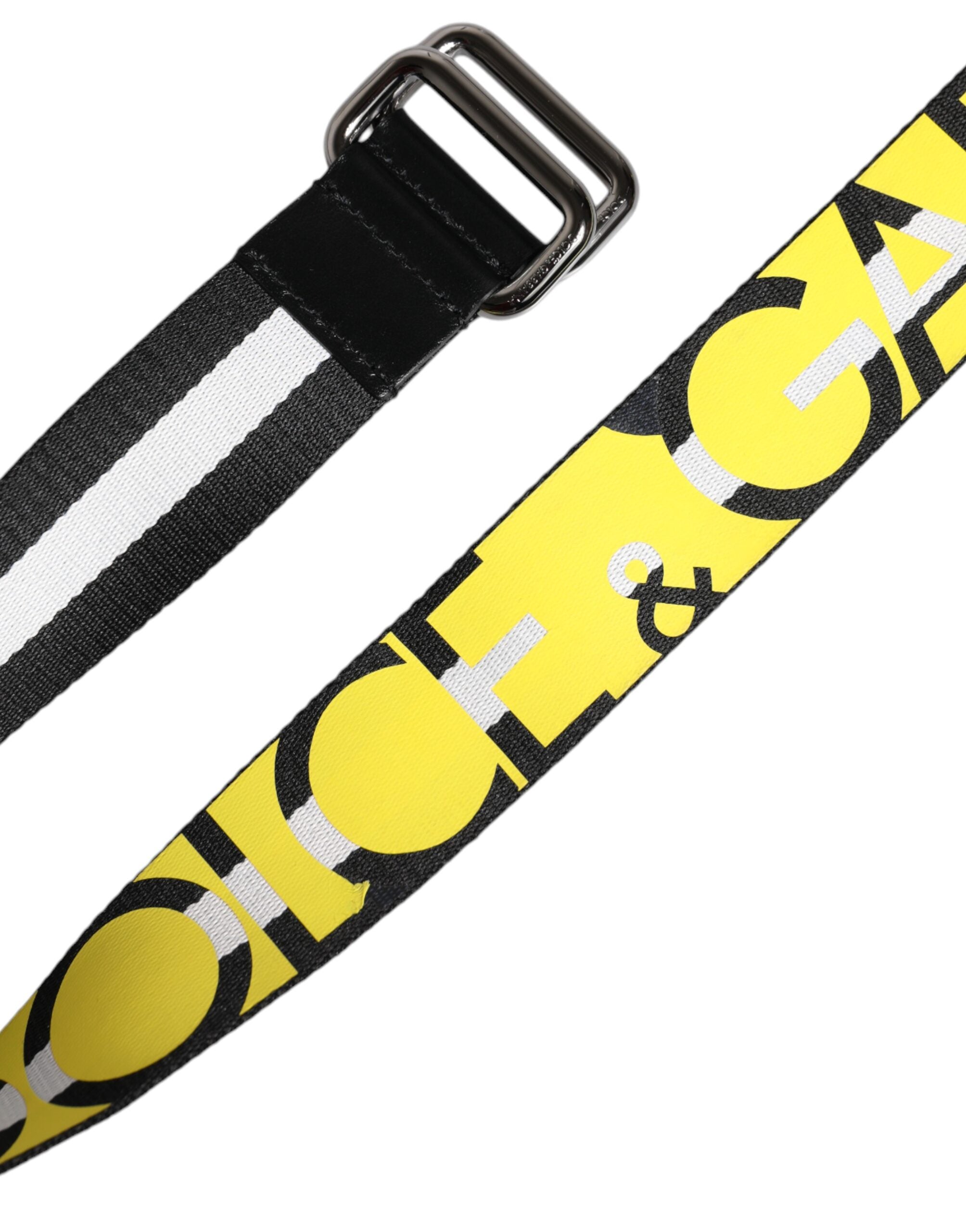 Ceinture Dolce & Gabbana noir et jaune à rayures, logo en lettres sur nylon, boucle métallique, largeur 3,5 cm.