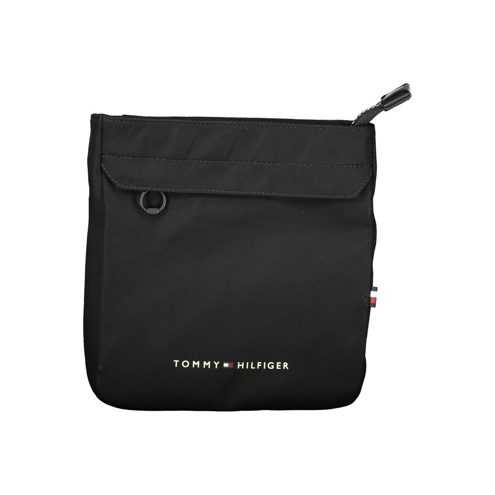 Sacoche bandoulière noire en polyester pour homme, fermeture zippée et logo Tommy Hilfiger.