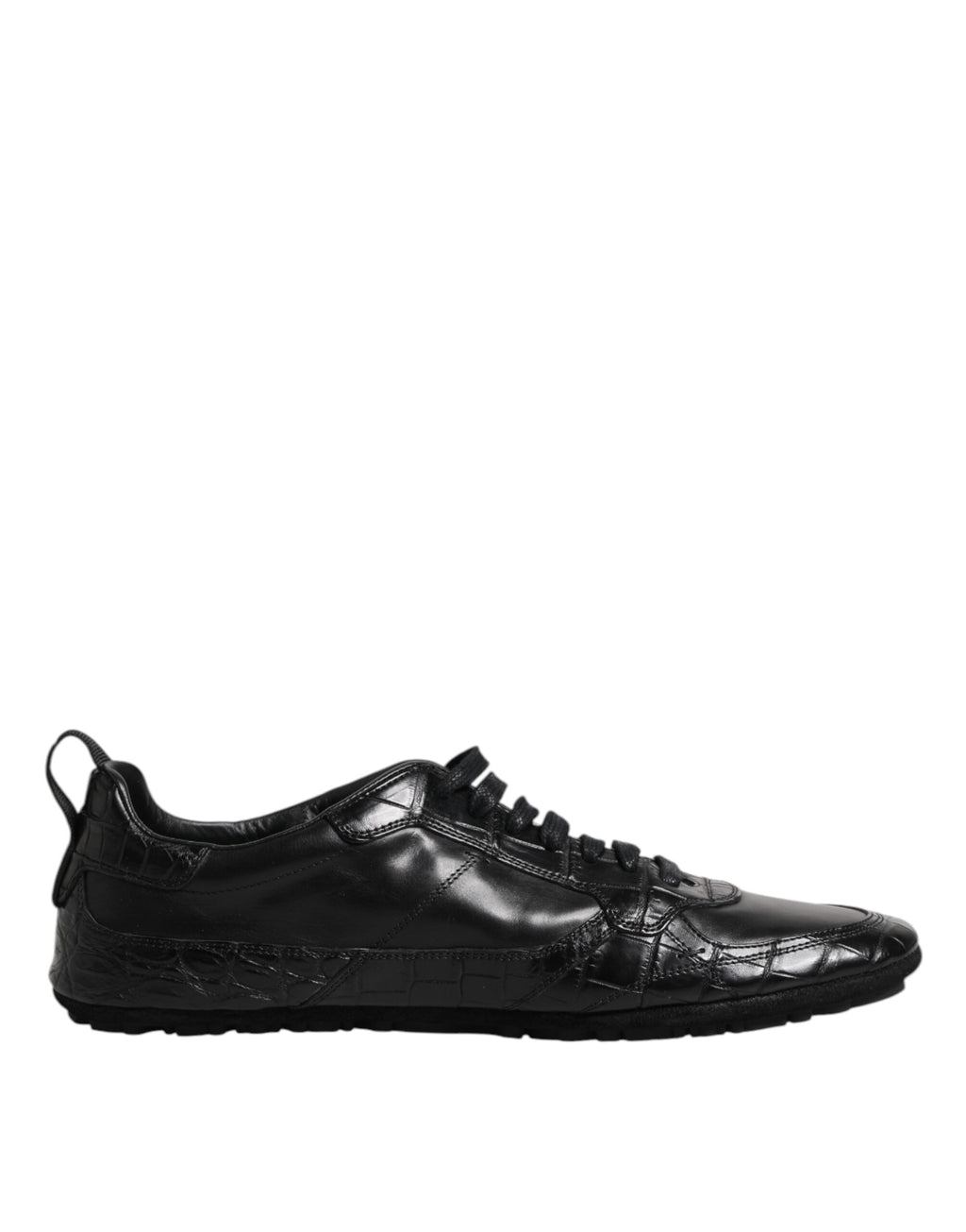 Dolce & Gabbana sneakers noires en cuir crocodile et veau, semelle caoutchouc, lacets, low-top.