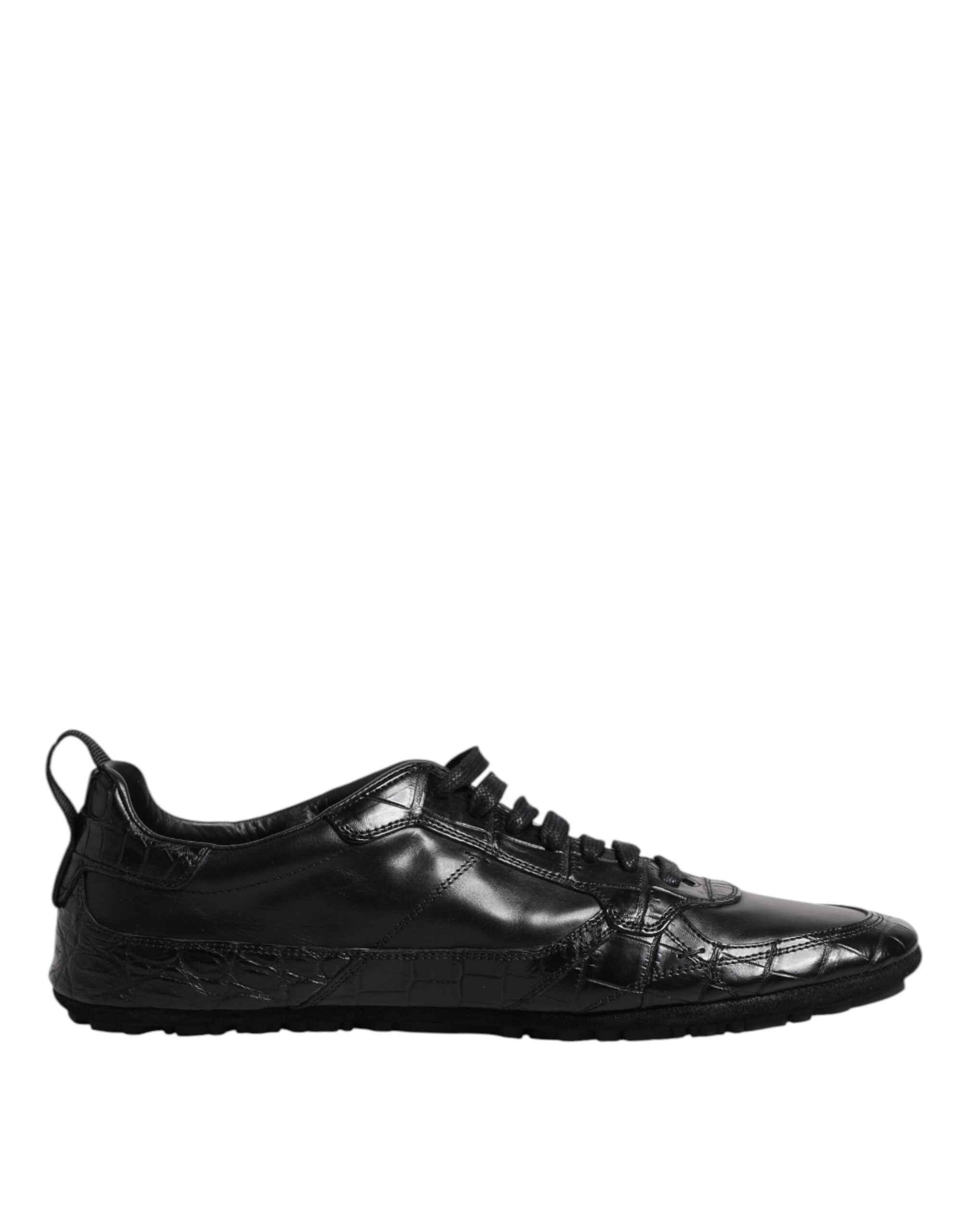Dolce & Gabbana sneakers noires en cuir crocodile et veau, semelle caoutchouc, lacets, low-top.