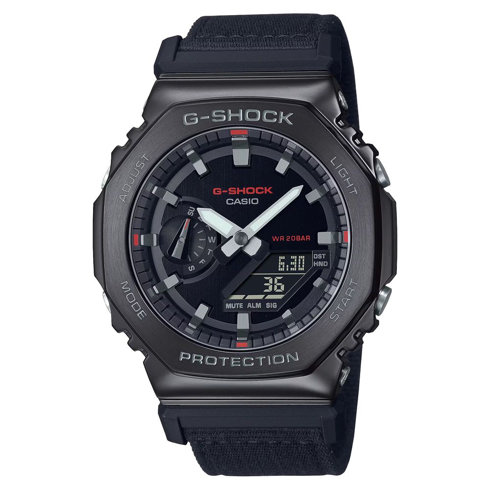 Montre de sport Casio G-Shock noire, boîtier acier noir et bracelet tissu noir, affichage analogique/numérique
