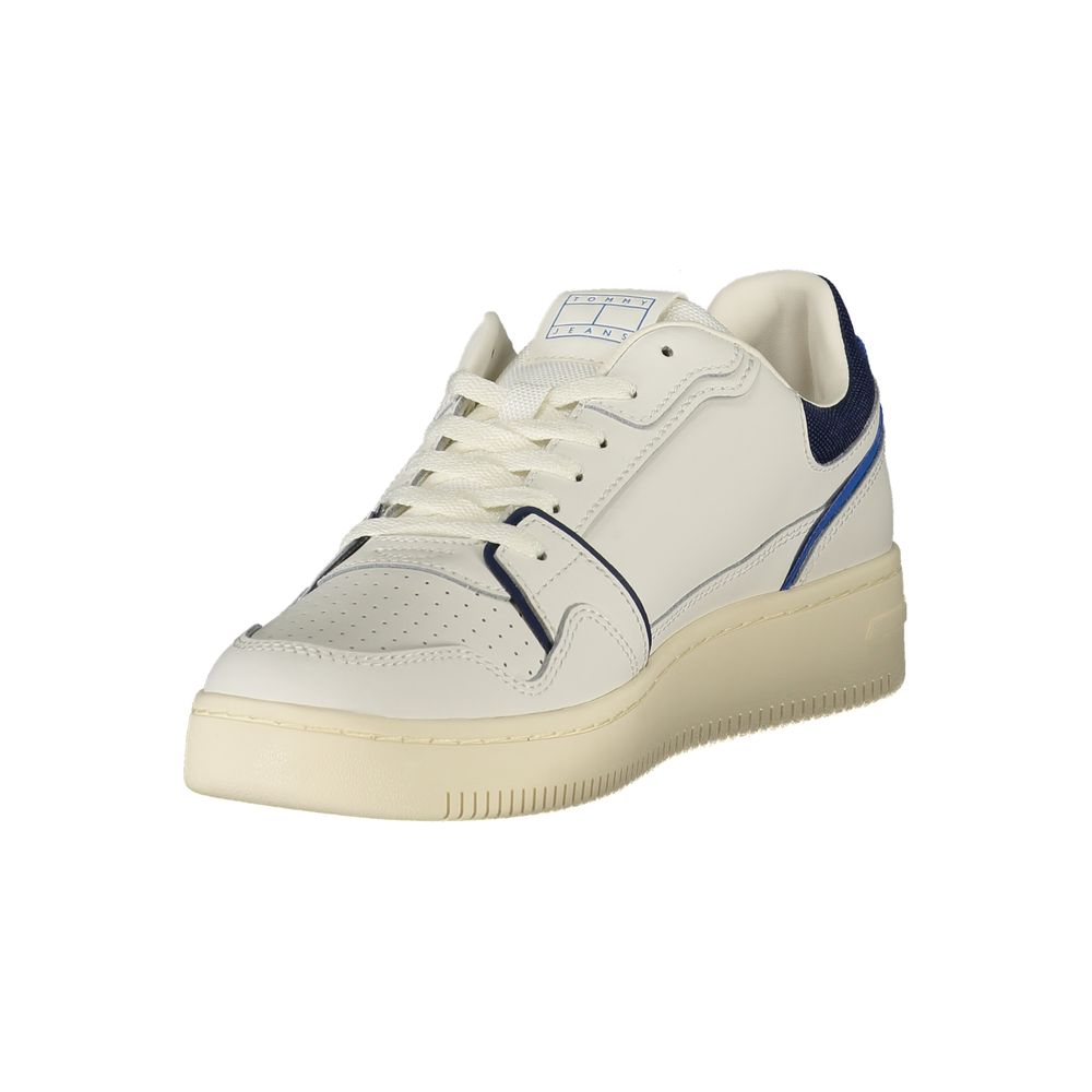 Tommy Hilfiger Baskets Cuir Blanc, Accents Bleus, Logo Iconique