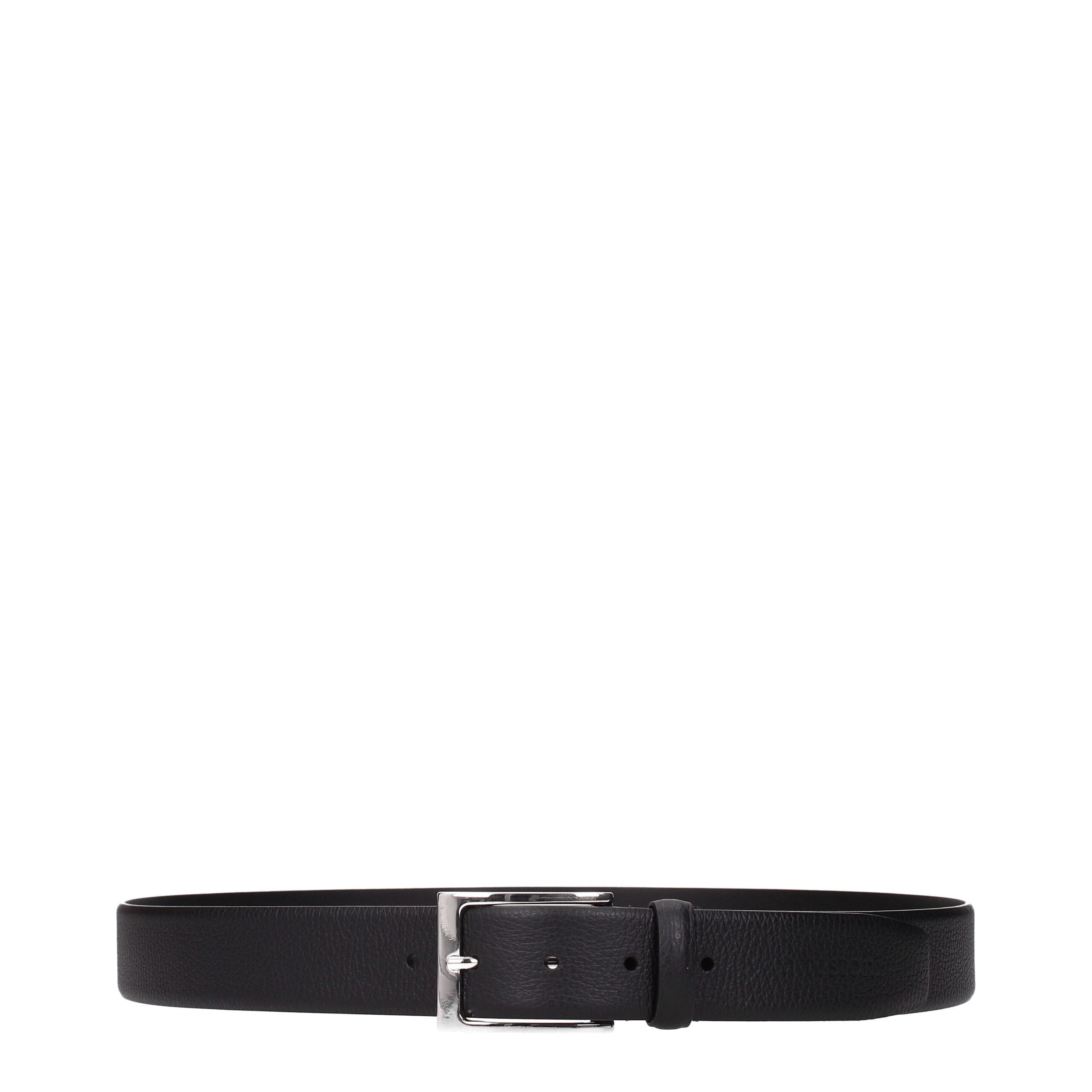 Testoni Ceinture Cuir Noir, Boucle Argentée, Style Classique