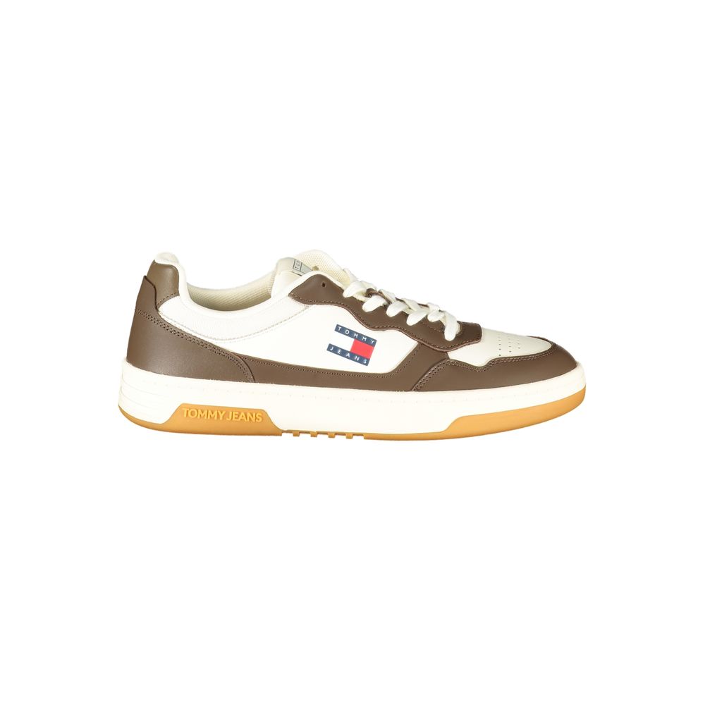 Tommy Hilfiger Baskets Cuir Blanc, Détails Marron, Logo Iconique