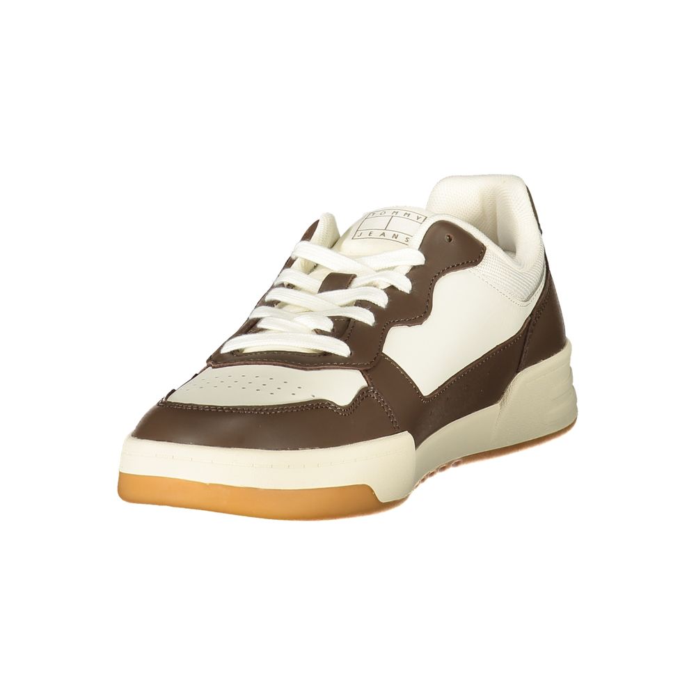 Tommy Hilfiger Baskets Cuir Blanc, Détails Marron, Logo Iconique