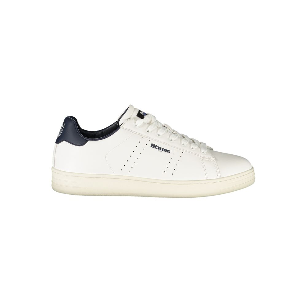 Blauer Baskets Cuir Blanc, Détails Bleus, Logo Emblématique