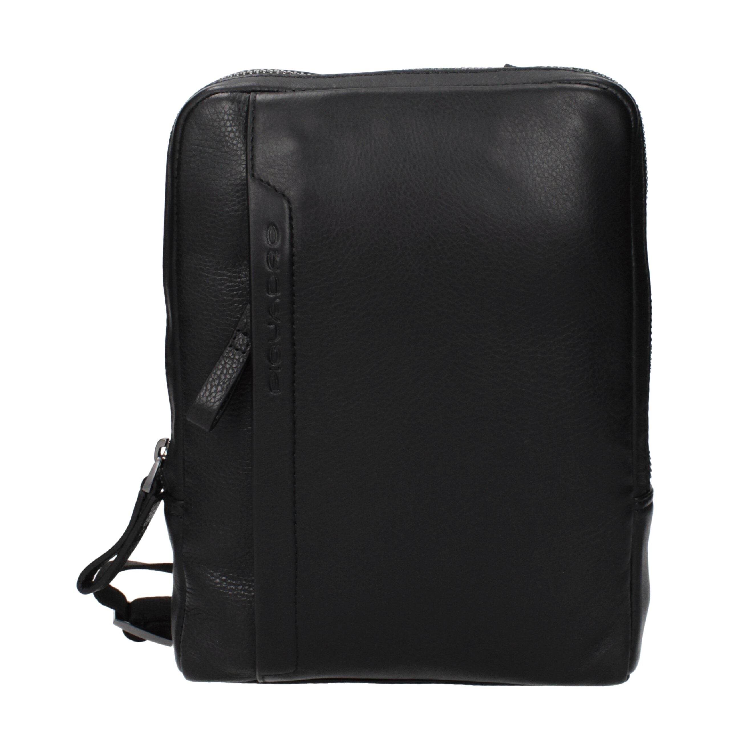 Piquadro Sacoche bandoulière cuir noir, logo frontal, effet vintage