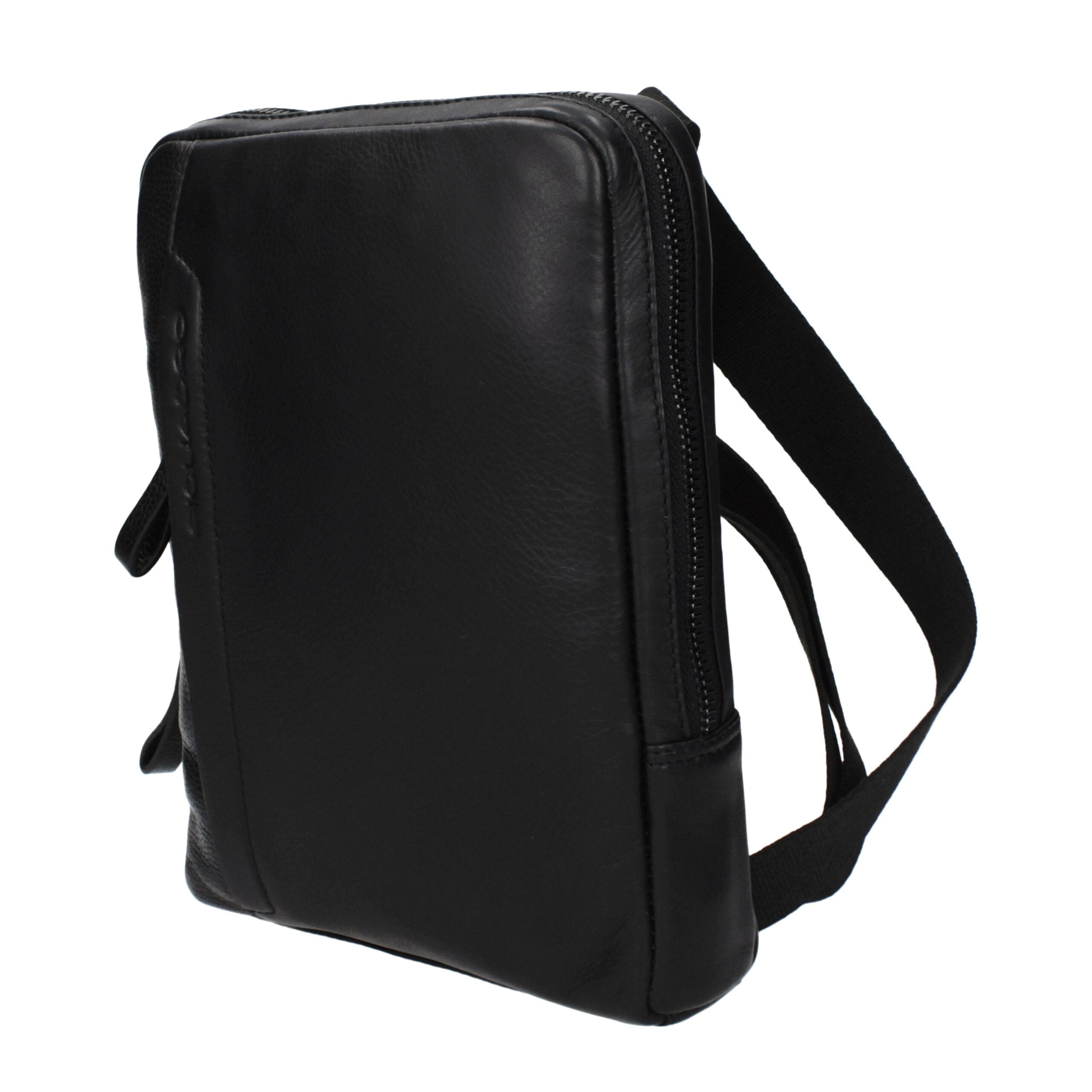 Piquadro Sacoche bandoulière cuir noir, logo frontal, effet vintage